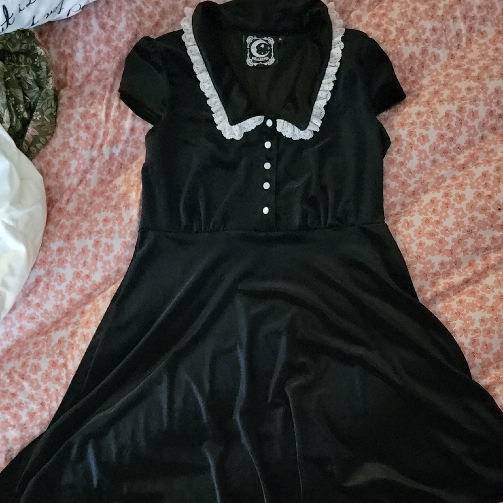 Killstar Black High Low Dress with White Trim